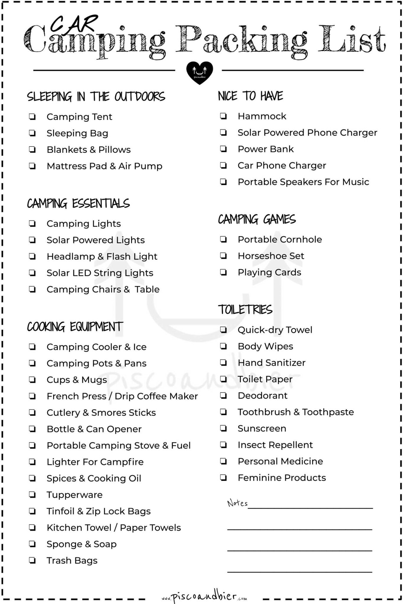Camping Packing List Printable