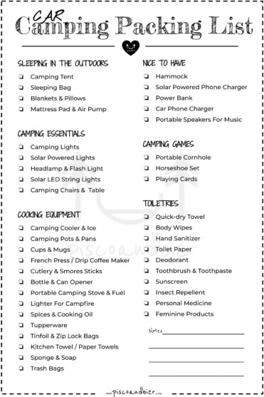 What To Pack For Car Camping - Printable Camping Packing Checklist