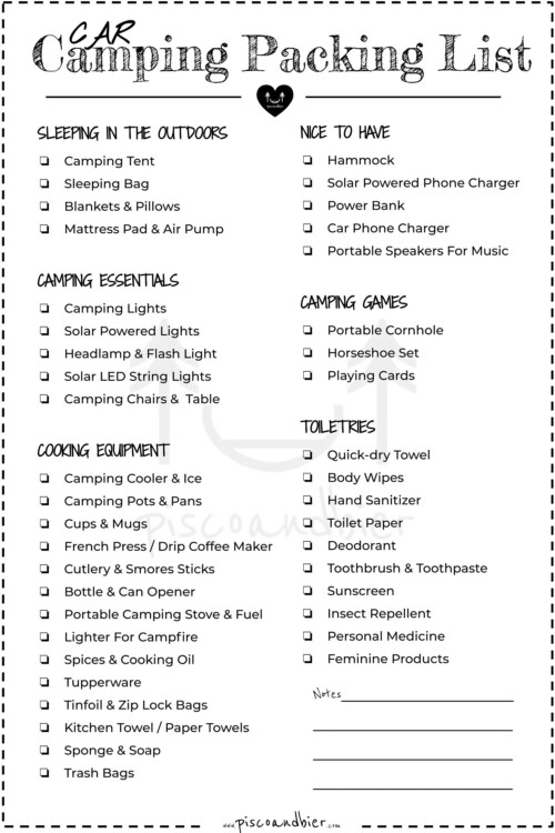 What To Pack For Car Camping - Printable Camping Packing Checklist